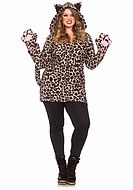 Female leopard, costume dress, hood, front zipper, ears, S to 4XL